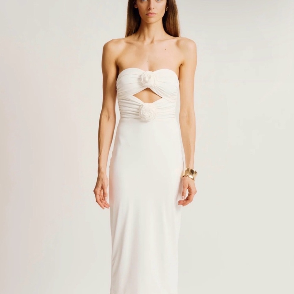 Torn by Ronny Kobo Strapless White Maxi Dress with Rosette Accents